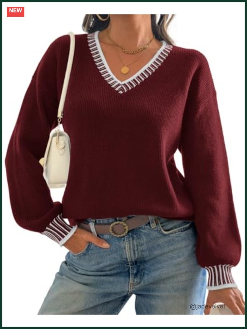 Viscose Blend V-Neck Long Sleeve Chunky Knit Pullover Sweater Color Block